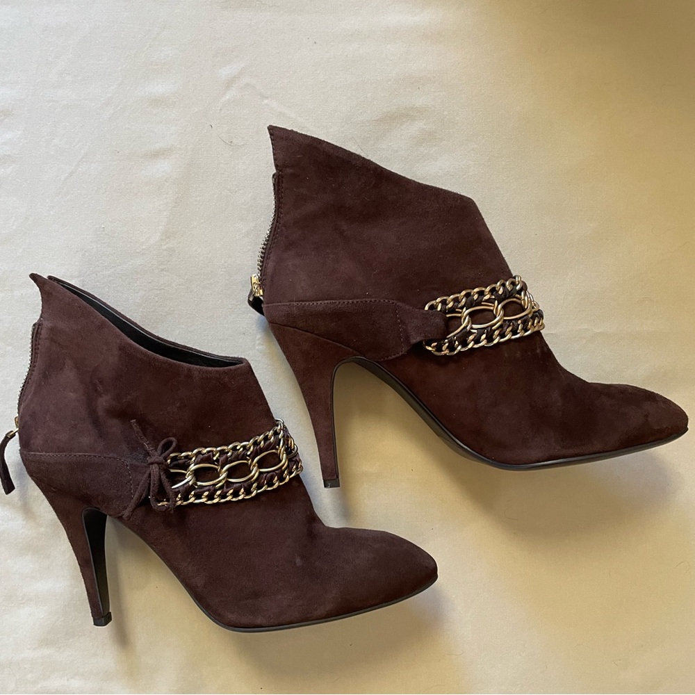 B. Makowsky Holly Dark Brown Suede Ankle Boots with Gold Chain Detail